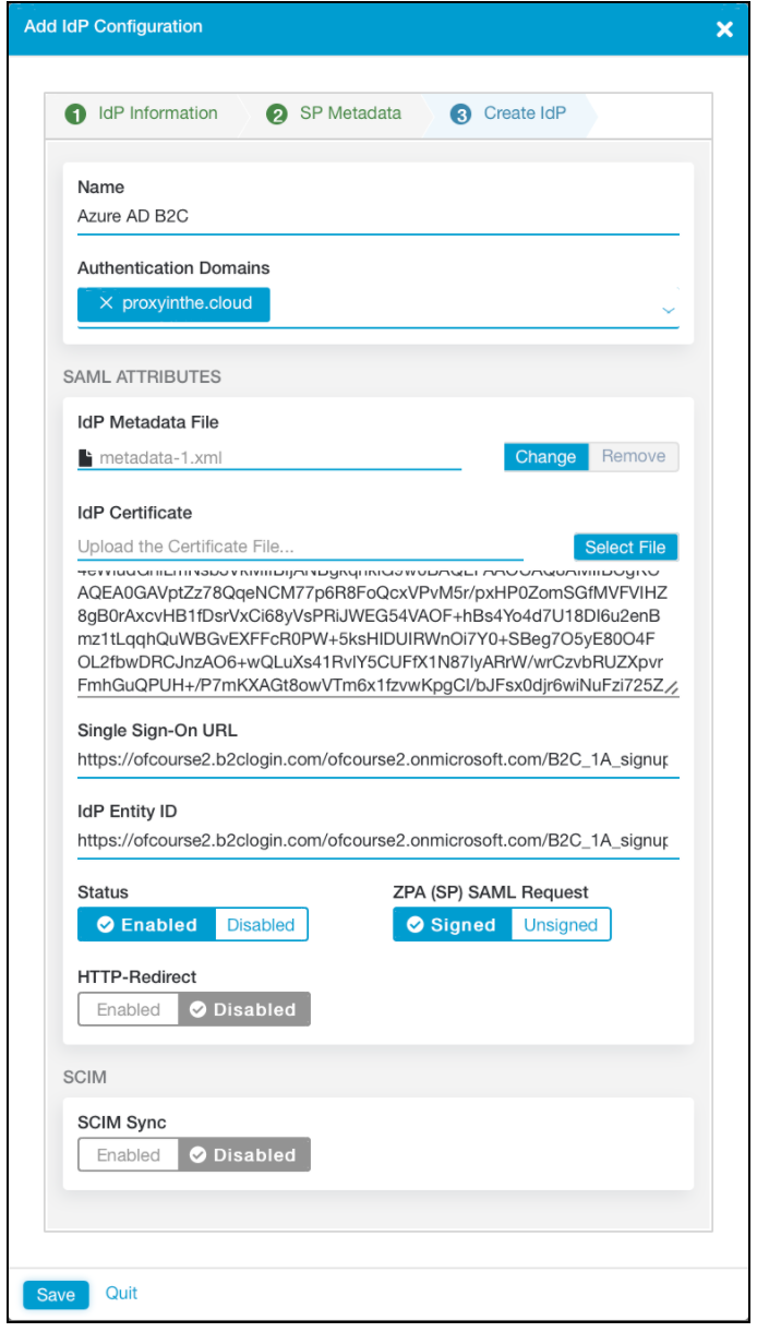 Zrzut ekranu przedstawiający stan Włączone w obszarze atrybutów PROTOKOŁU SAML w okienku Dodawanie konfiguracji dostawcy tożsamości.