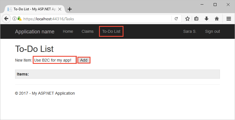 Zrzut ekranu przedstawiający przykładową aplikację internetową w przeglądarce z wyróżnionym linkiem To-Do List i przyciskiem Dodaj.