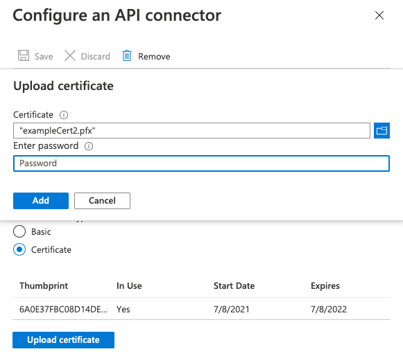 Providing a new certificate to an API connector when one already exists.