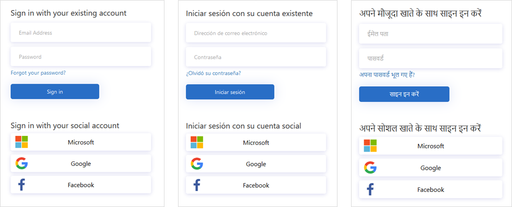 Zrzut ekranu przedstawiający trzy strony logowania z tekstem interfejsu użytkownika w różnych językach.