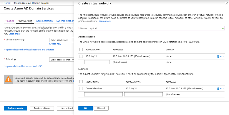 Create a virtual network and subnet for use with Azure AD Domain Services