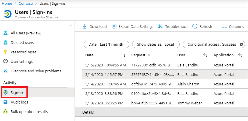 Zrzut ekranu przedstawiający przykładowy raport logowania w usłudze Azure Active Directory w Azure Portal
