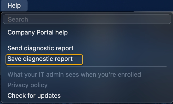 Zrzut ekranu przedstawiający sposób nawigowania po górnym menu Pomocy w celu zapisania raportu diagnostycznego.