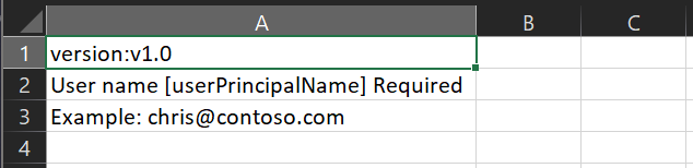 Zrzut ekranu przedstawiający plik CSV zawiera nazwy i identyfikatory użytkowników do usunięcia.