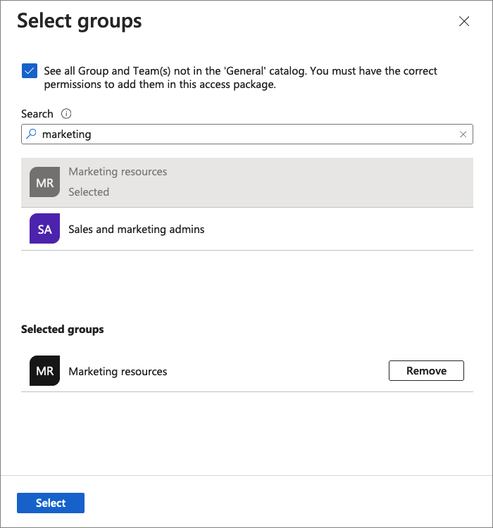 Zrzut ekranu przedstawiający sposób wybierania grup