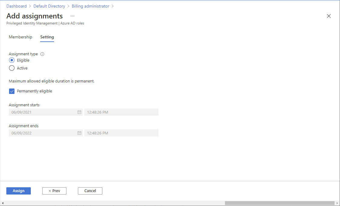 Zrzut ekranu przedstawiający stronę Dodawanie przypisań i kartę Ustawienia z włączoną usługą PIM.