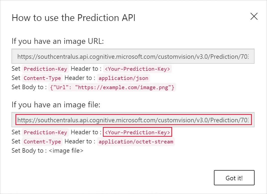 Karta wydajności jest wyświetlana z czerwonym prostokątem otaczającym wartość adresu URL przewidywania dla używania pliku obrazu i wartości Prediction-Key.
