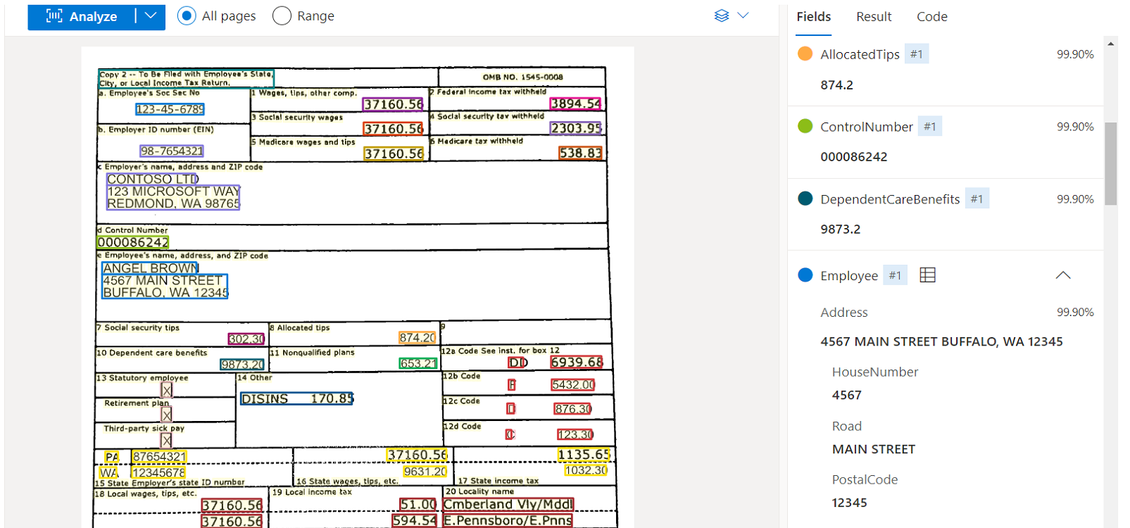 Zrzut ekranu przedstawiający analizę modelu W-2 przy użyciu narzędzia Document Intelligence Studio.