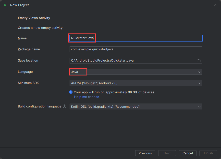 Screenshot of the Configure project window in Android Studio.