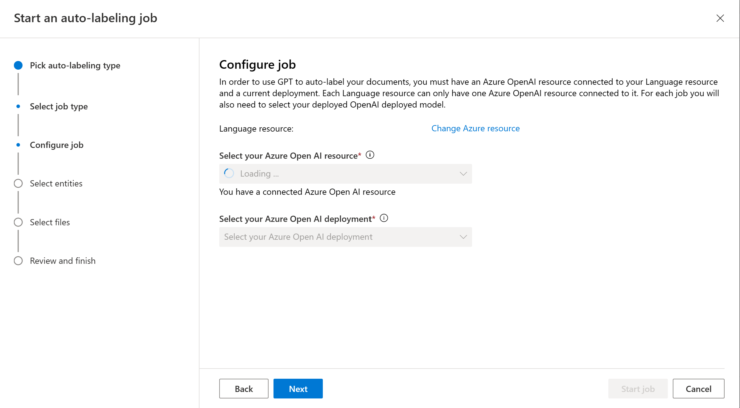 Zrzut ekranu przedstawiający sposób wybierania zasobów i wdrożeń openAI