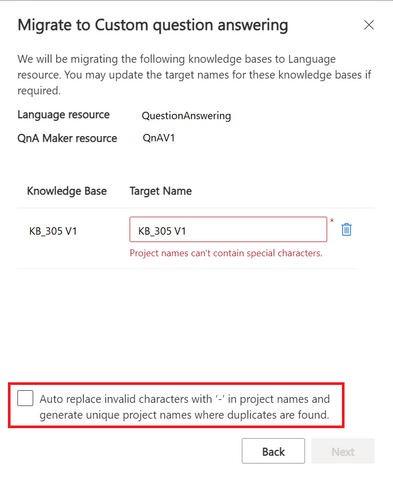 Zrzut ekranu przedstawiający komunikat o błędzie podczas uruchamiania nazw projektów nie może zawierać znaków specjalnych.