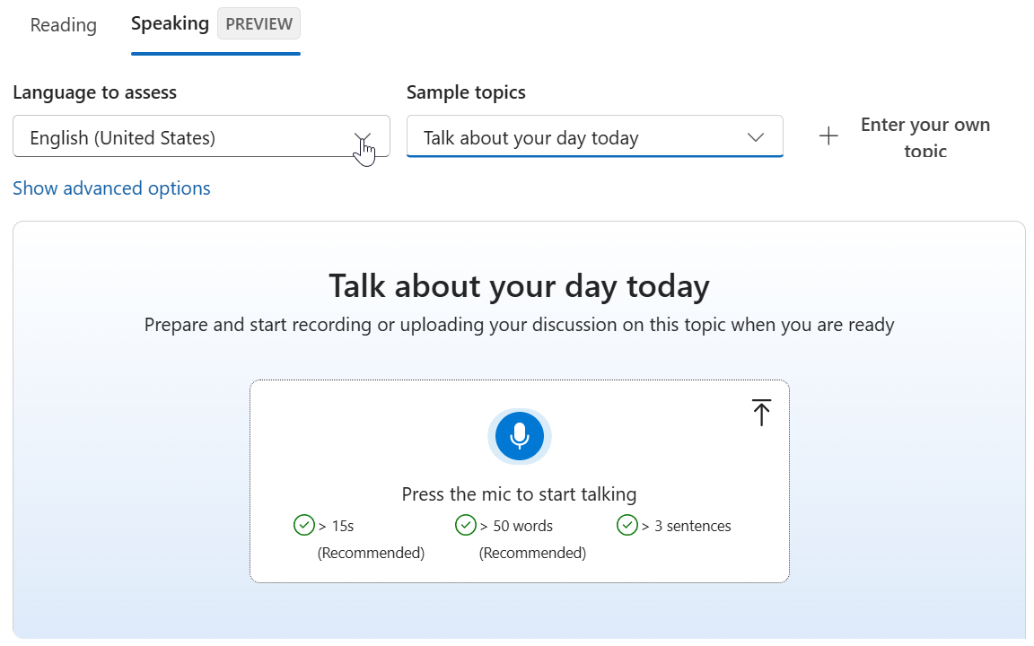 Zrzut ekranu przedstawiający wybieranie obsługiwanego języka na karcie mówienie, które chcesz ocenić wymowę.