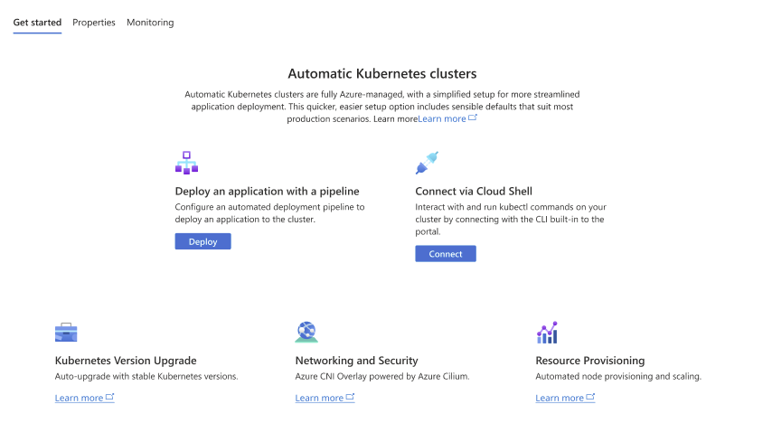 Zrzut ekranu przedstawiający kartę Wprowadzenie w bloku Przegląd po utworzeniu klastra automatycznego usługi AKS w witrynie Azure Portal.