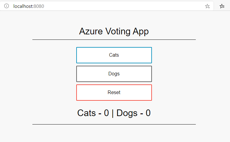 Zrzut ekranu przedstawiający obraz kontenera aplikacja do głosowania platformy Azure uruchomiona lokalnie w lokalnej przeglądarce internetowej