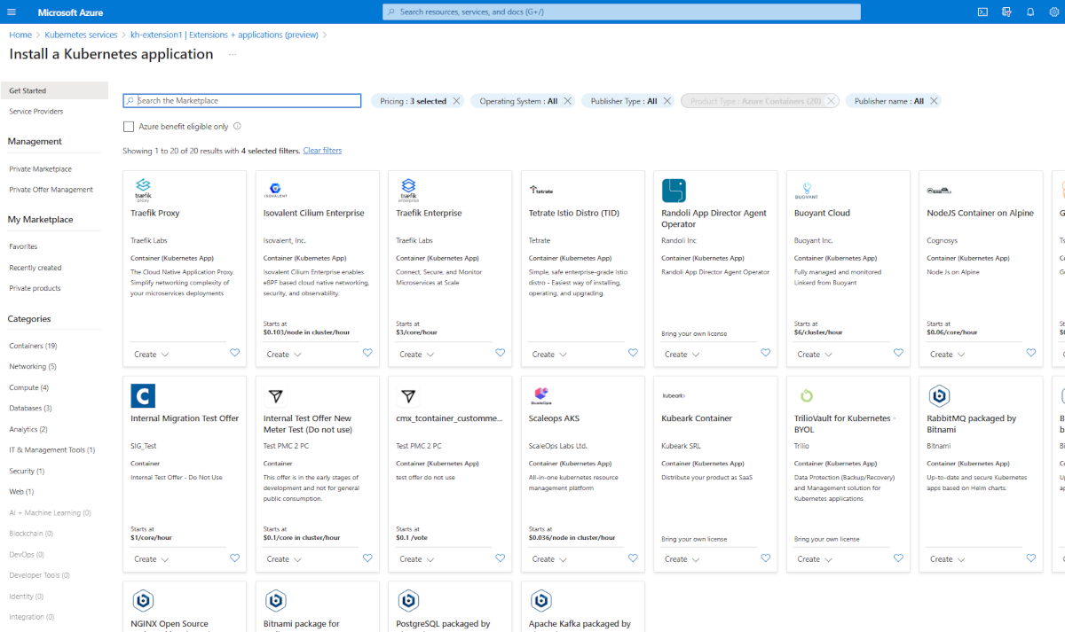 Zrzut ekranu przedstawiający oferty platformy Kubernetes w witrynie Azure Portal.