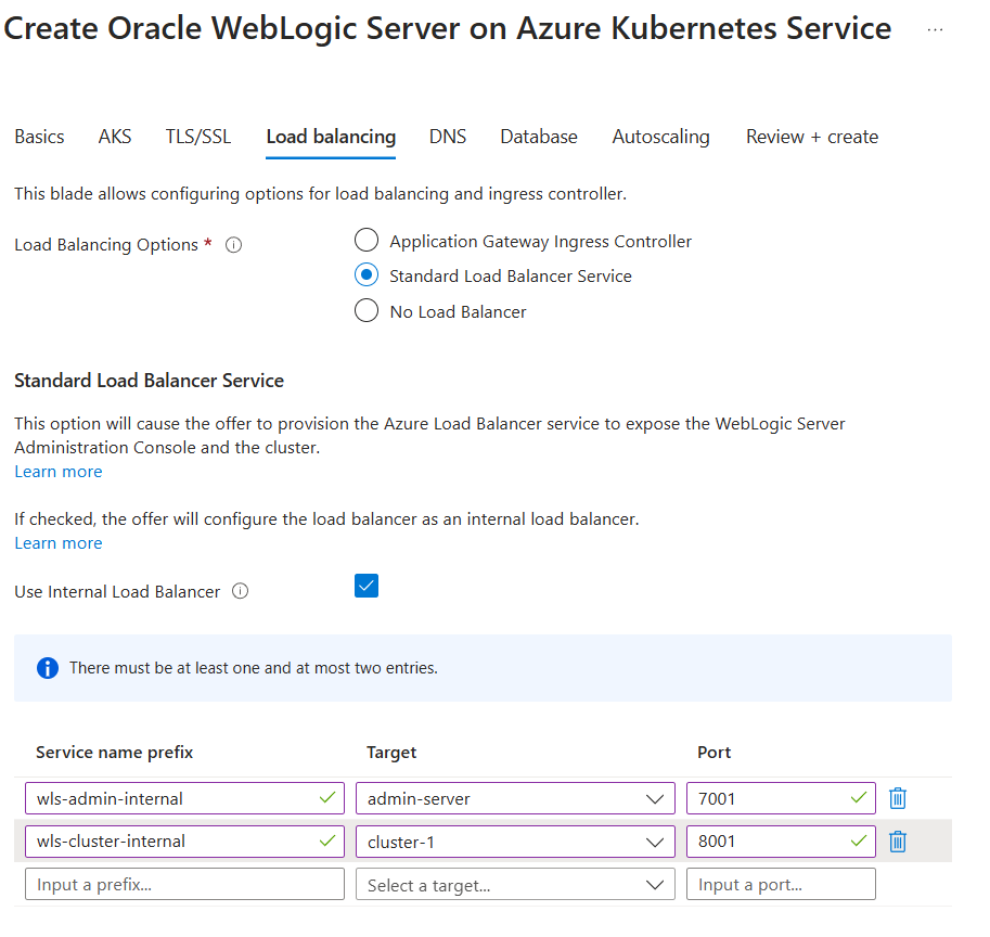 Zrzut ekranu witryny Azure Portal przedstawiający kartę Równoważenie obciążenia na stronie Tworzenie serwera Oracle WebLogic na platformie Azure Kubernetes Service.