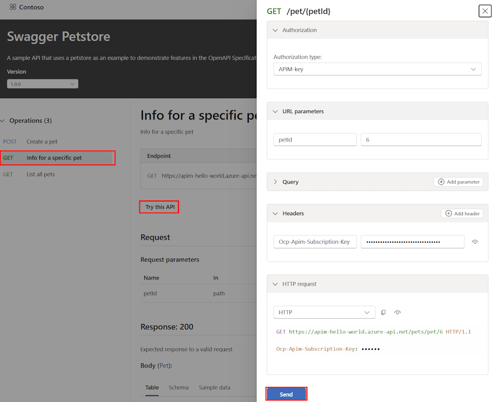 Zrzut ekranu przedstawiający testowanie interfejsu API w konsoli testowej portalu centrum interfejsu API.