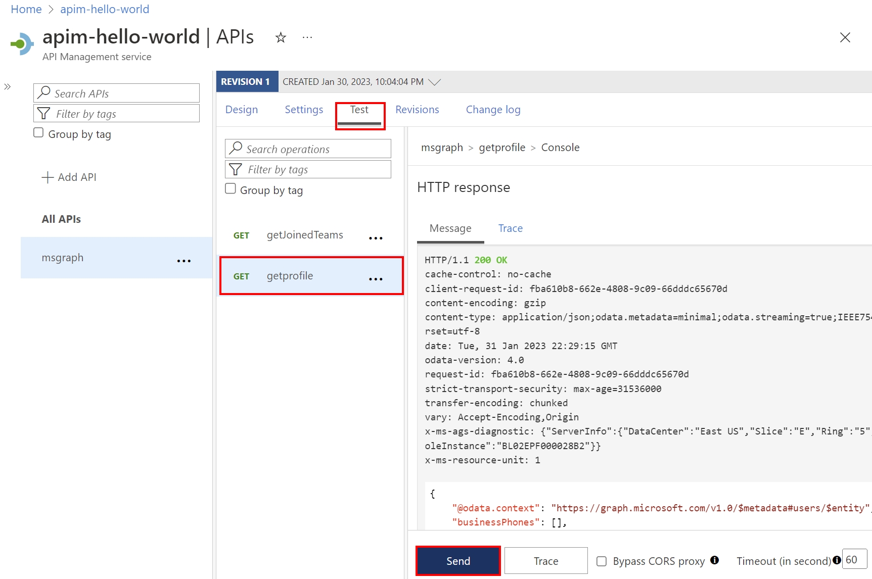 Zrzut ekranu przedstawiający testowanie interfejsu API programu Graph w portalu.