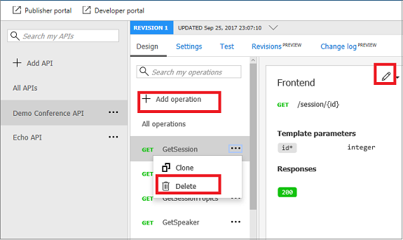 Zrzut ekranu przedstawiający proces edytowania interfejsu API w usłudze API Management.