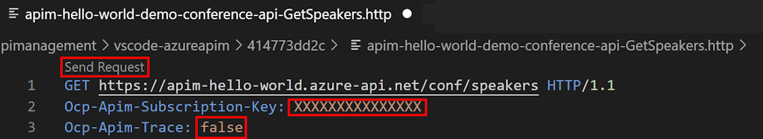 Zrzut ekranu przedstawiający wysyłanie żądania interfejsu API z programu Visual Studio Code.