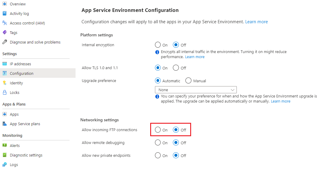 Zrzut ekranu przedstawiający Azure Portal konfigurowania App Service Environment w celu zezwalania na przychodzące połączenia FTP.