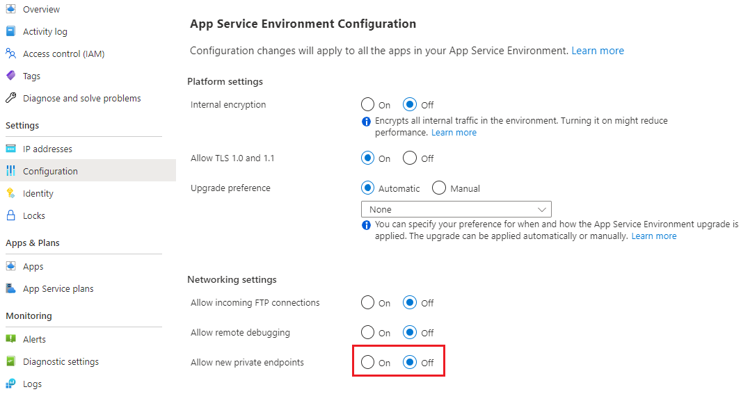 Zrzut ekranu przedstawiający Azure Portal konfigurowania App Service Environment w celu umożliwienia tworzenia nowych prywatnych punktów końcowych dla aplikacji.