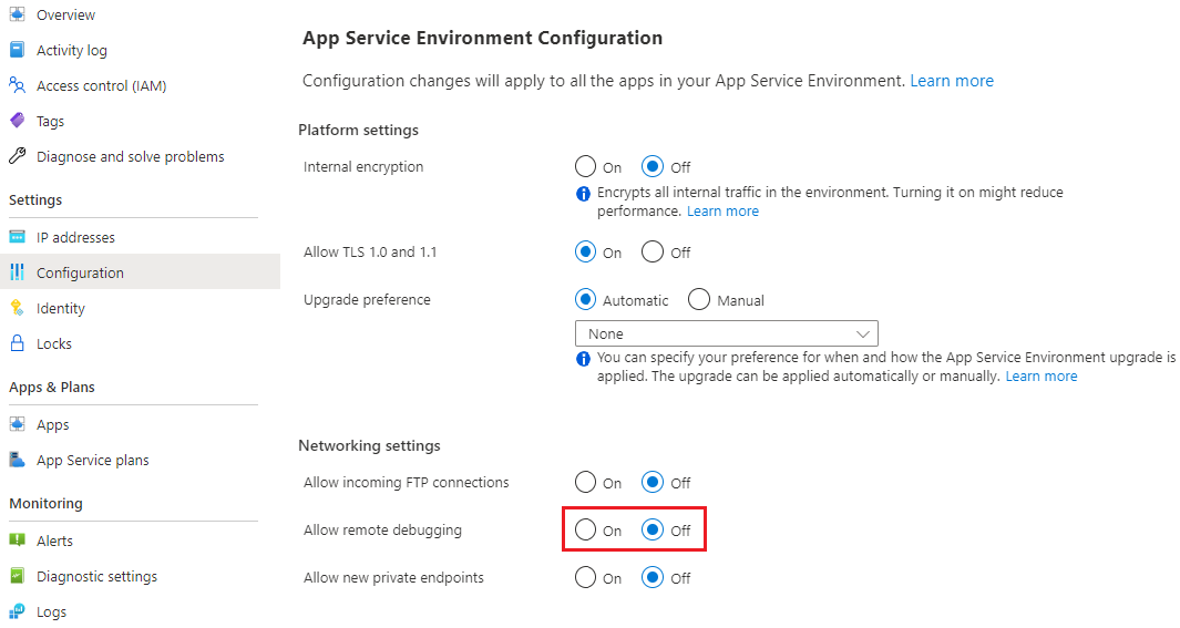 Zrzut ekranu przedstawiający Azure Portal konfigurowania App Service Environment w celu umożliwienia zdalnego debugowania.