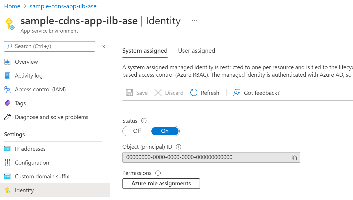 Zrzut ekranu przedstawiający przykładową tożsamość zarządzaną przypisaną przez system dla środowiska App Service Environment.