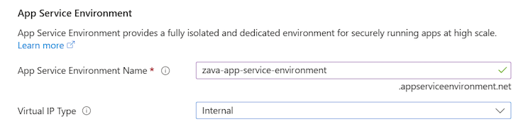 Screenshot przedstawiający sposób konfigurowania nowego App Service Environment w portalu Azure.
