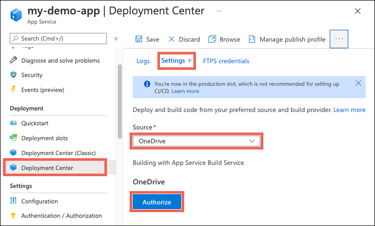 Pokazuje, jak autoryzować usługę OneDrive lub Dropbox w Centrum wdrażania w Azure Portal.