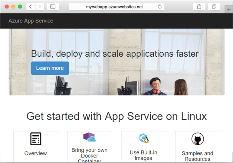 Zrzut ekranu przedstawiający przeglądarkę z pomyślnie uruchomioną aplikacją internetową na platformie Azure.