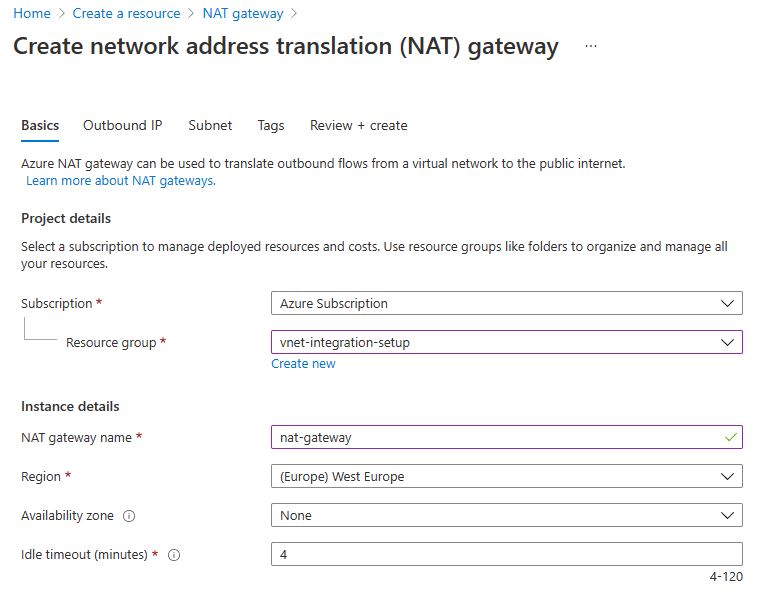 Screenshot of the Basics tab on the page for creating a NAT gateway.