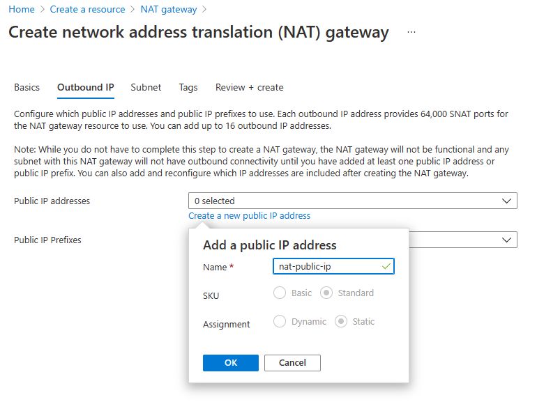Screenshot of the Outbound IP tab on the page for creating a NAT gateway.