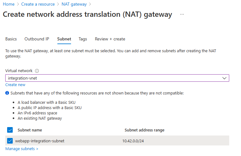 Screenshot of the Subnet tab on the page for creating a NAT gateway.