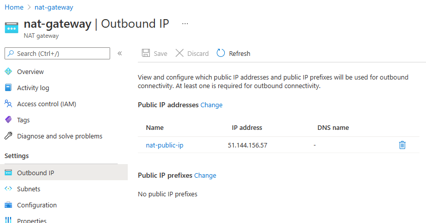 Screenshot of the Outbound IP pane for a NAT gateway in the Azure portal.