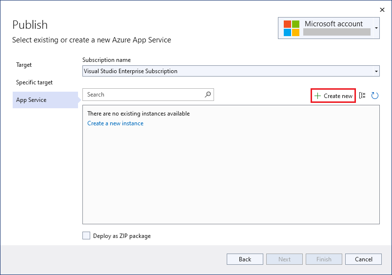 Zrzut ekranu przedstawiający okno dialogowe programu Visual Studio — nowa aplikacja App Service.