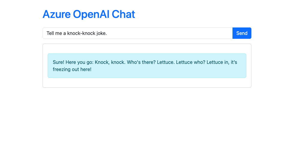 Zrzut ekranu przedstawiający czatbota uruchomionego w usłudze Azure App Service.