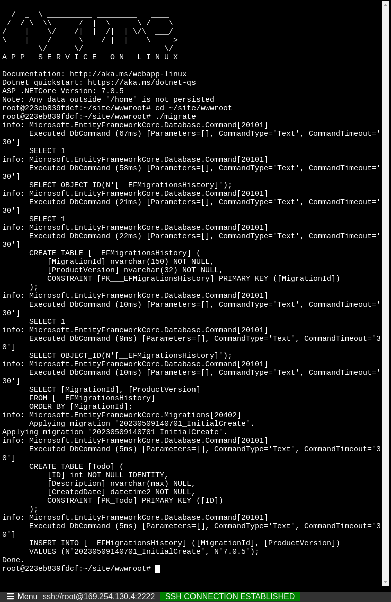 Zrzut ekranu przedstawiający polecenia do uruchomienia w powłoce SSH i ich danych wyjściowych.
