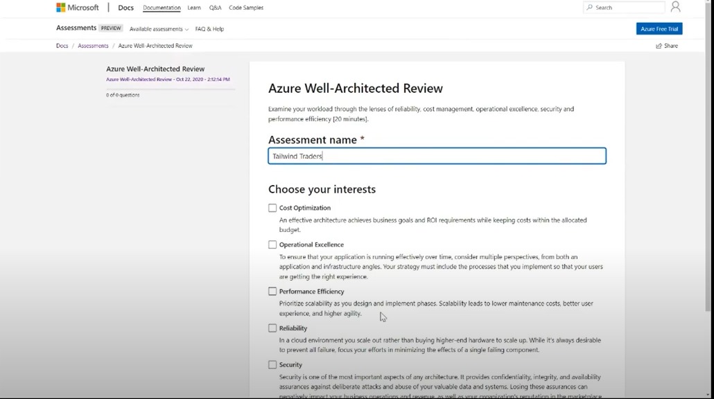 Zrzut ekranu przedstawiający przegląd Well-Architected platformy Microsoft Azure.