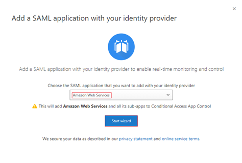 Screenshot of the Add a SAML application with your identity provider page. A Start wizard button is visible.
