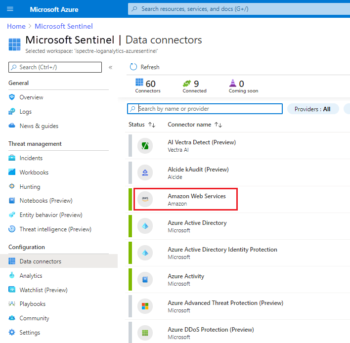 Screenshot of the Microsoft Sentinel Data connectors page that shows the Amazon Web Services connector.