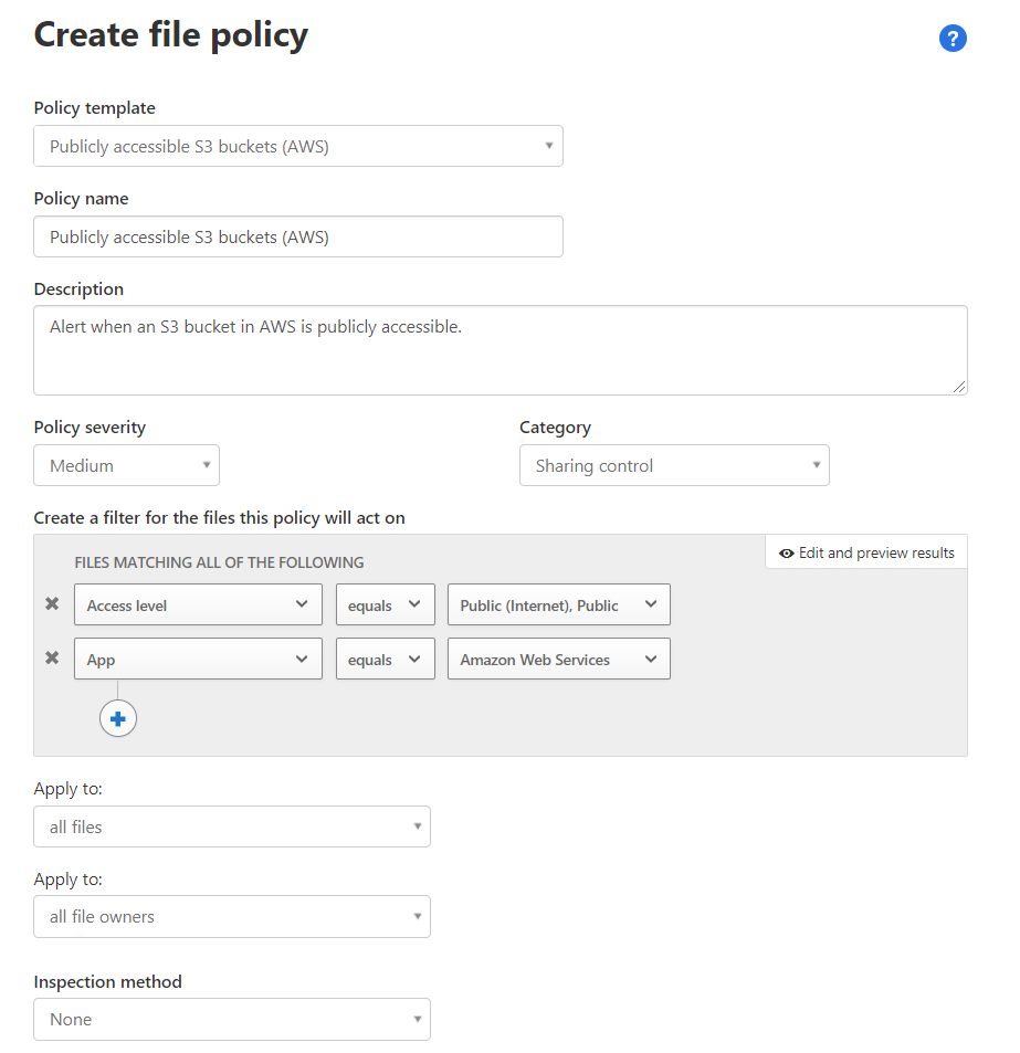 Screenshot of the Create file policy page, with various options visible.