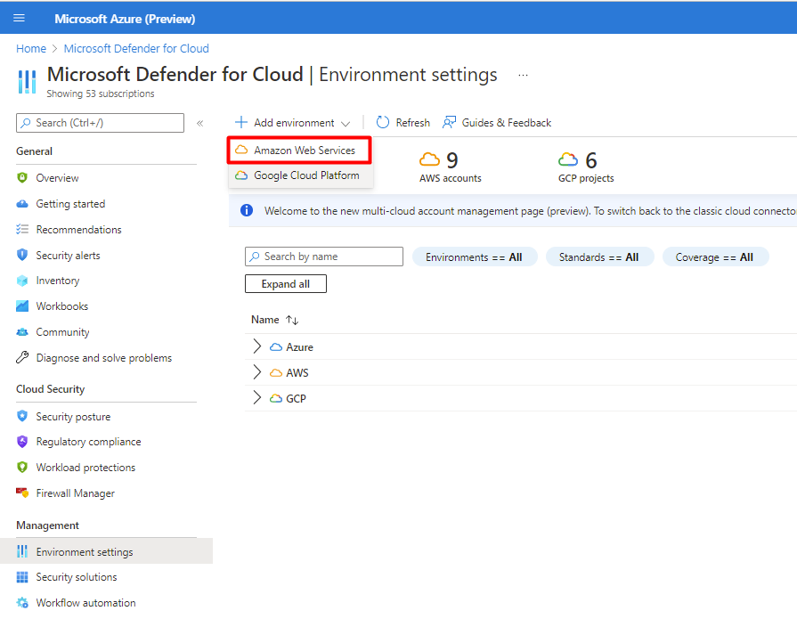 Screenshot of the Defender for Cloud Environment settings page. Under Add environment, Amazon Web Services is called out.