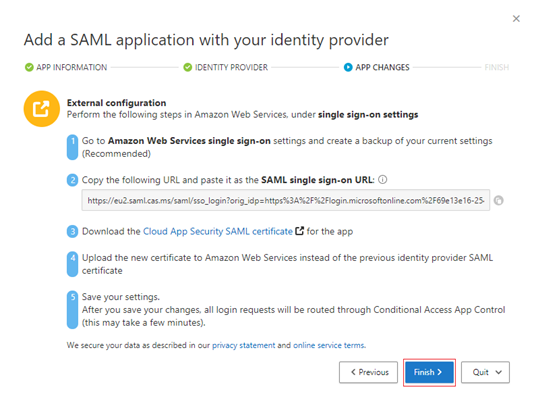 Screenshot of the Add a SAML application with your identity provider page. Under External configuration, five steps are visible.