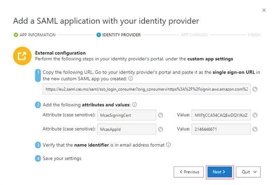 Screenshot of the Add a SAML application with your identity provider page. Under External configuration, four steps are visible.