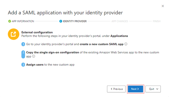 Screenshot of the Add a SAML application with your identity provider page. Under External configuration, three steps are visible.