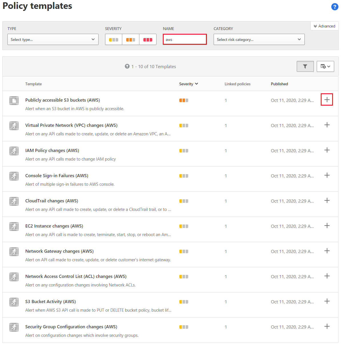 Screenshot of AWS template data on the Policy templates page. A plus sign next to a template and the Name box, which contains aws, are called out.