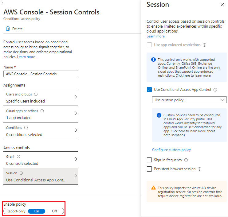 Screenshot of the AWS Console - Session Controls page with settings configured as described in the article and the Enable policy section called out.