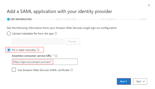 Screenshot of the Add a SAML application with your identity provider page. A URL box and an option for manually entering data are visible.