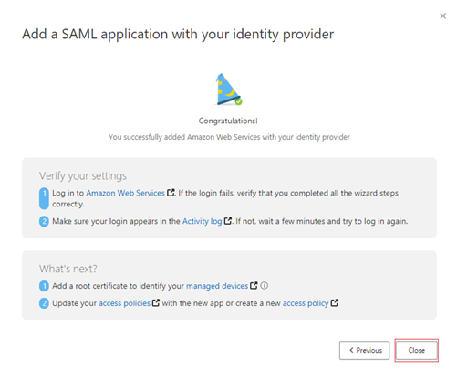 Screenshot of the Add a SAML application with your identity provider page. Under Verify your settings, two steps are visible.